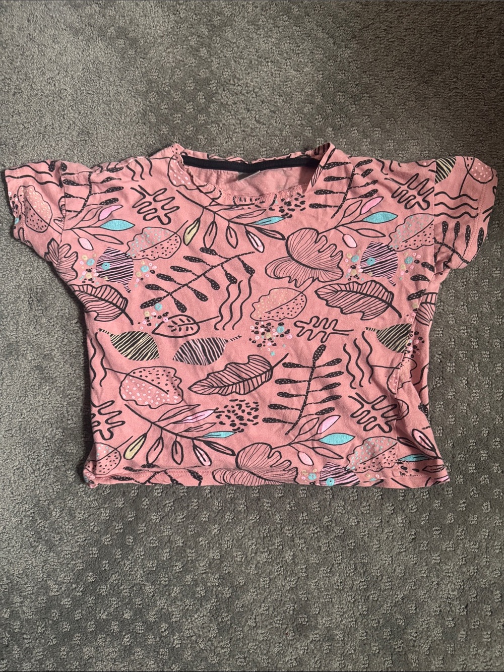 Girls' Pink Leaf Print Short Sleeve Crop Tee